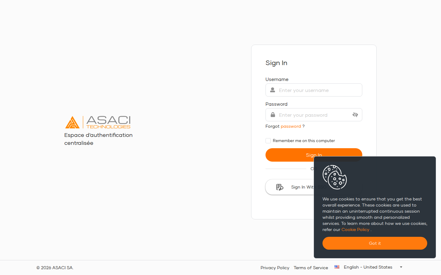 Écran d'authentification ASACI