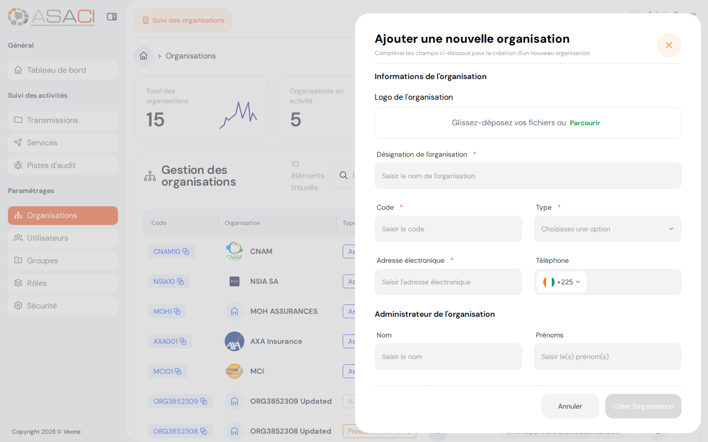 Formulaire d'ajout d'organisation