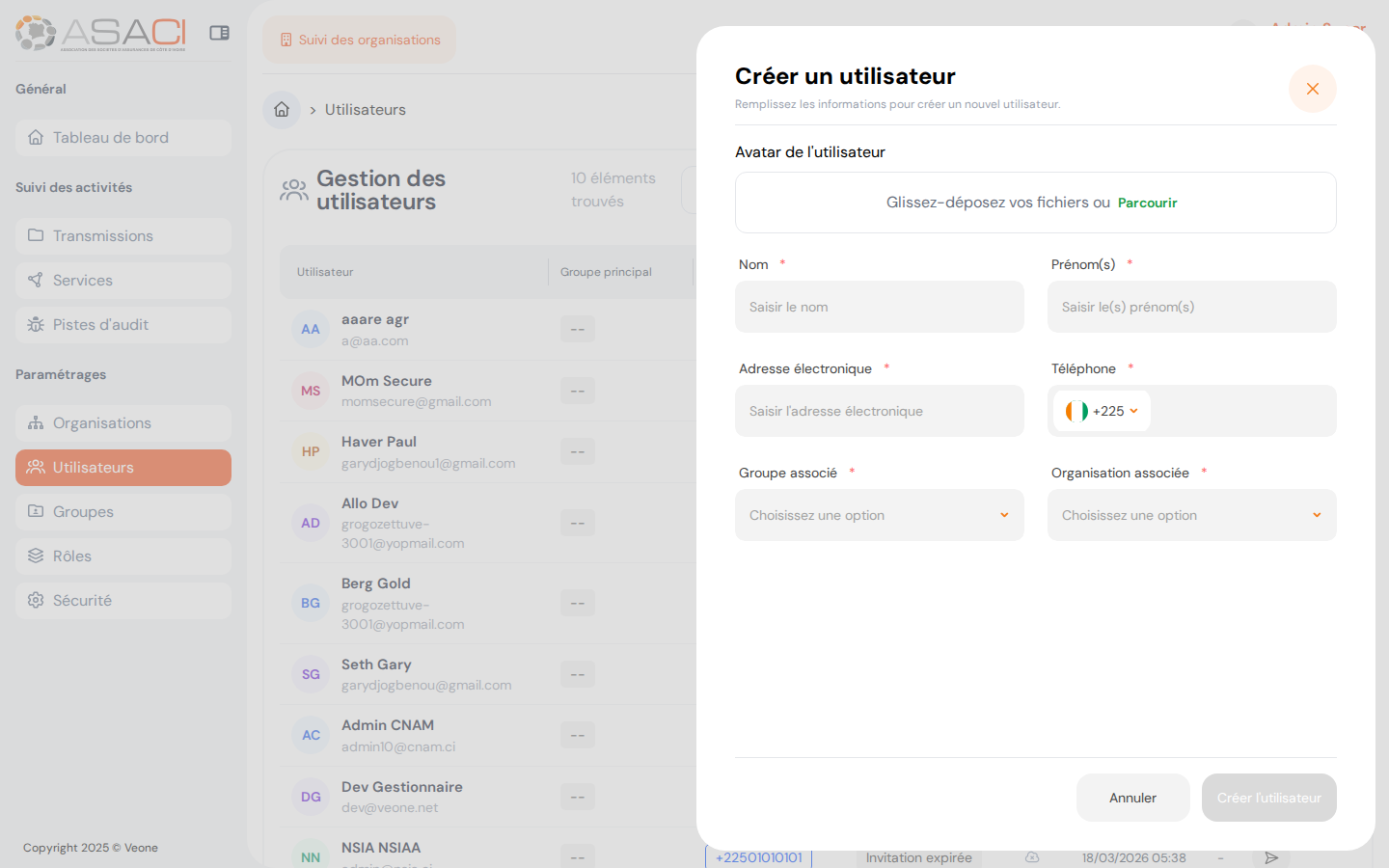 Formulaire de création d'utilisateur