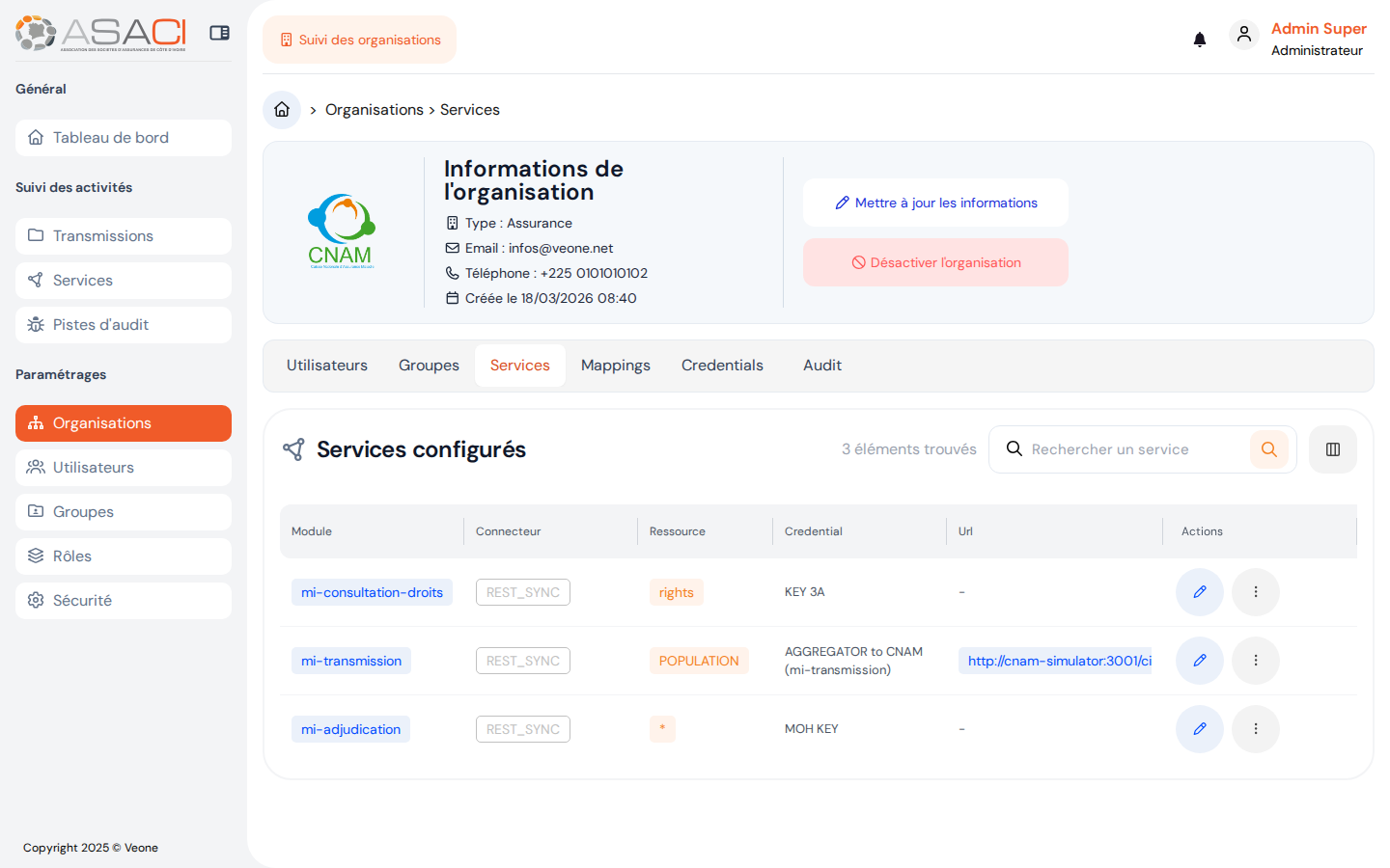 Services configurés