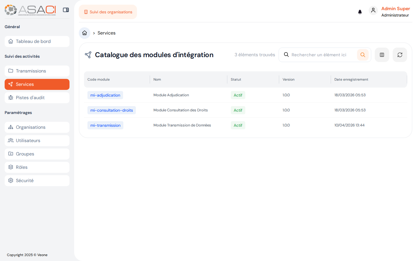 Catalogue des modules d'intégration