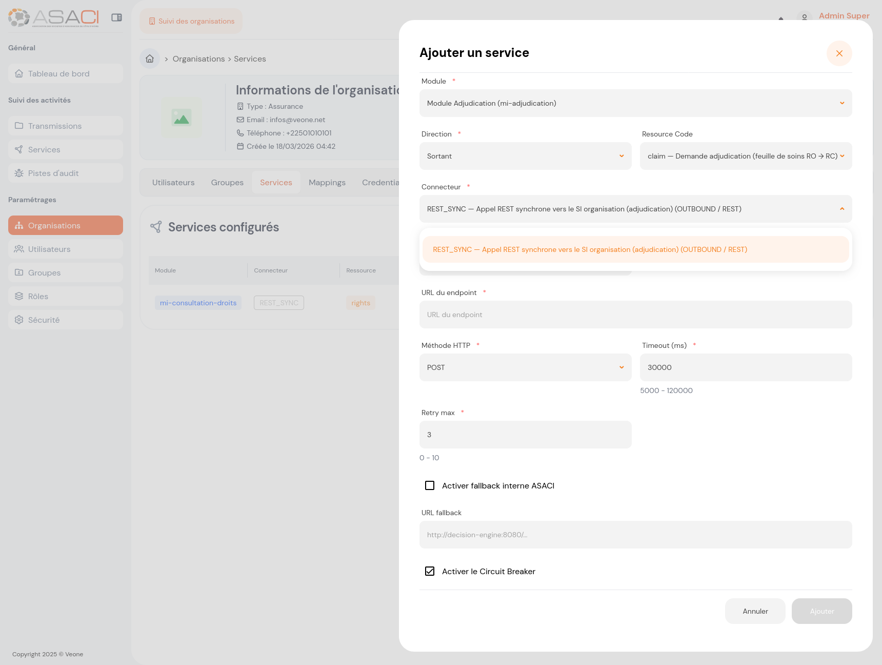 Drawer « Ajouter un service » — flux sortant
